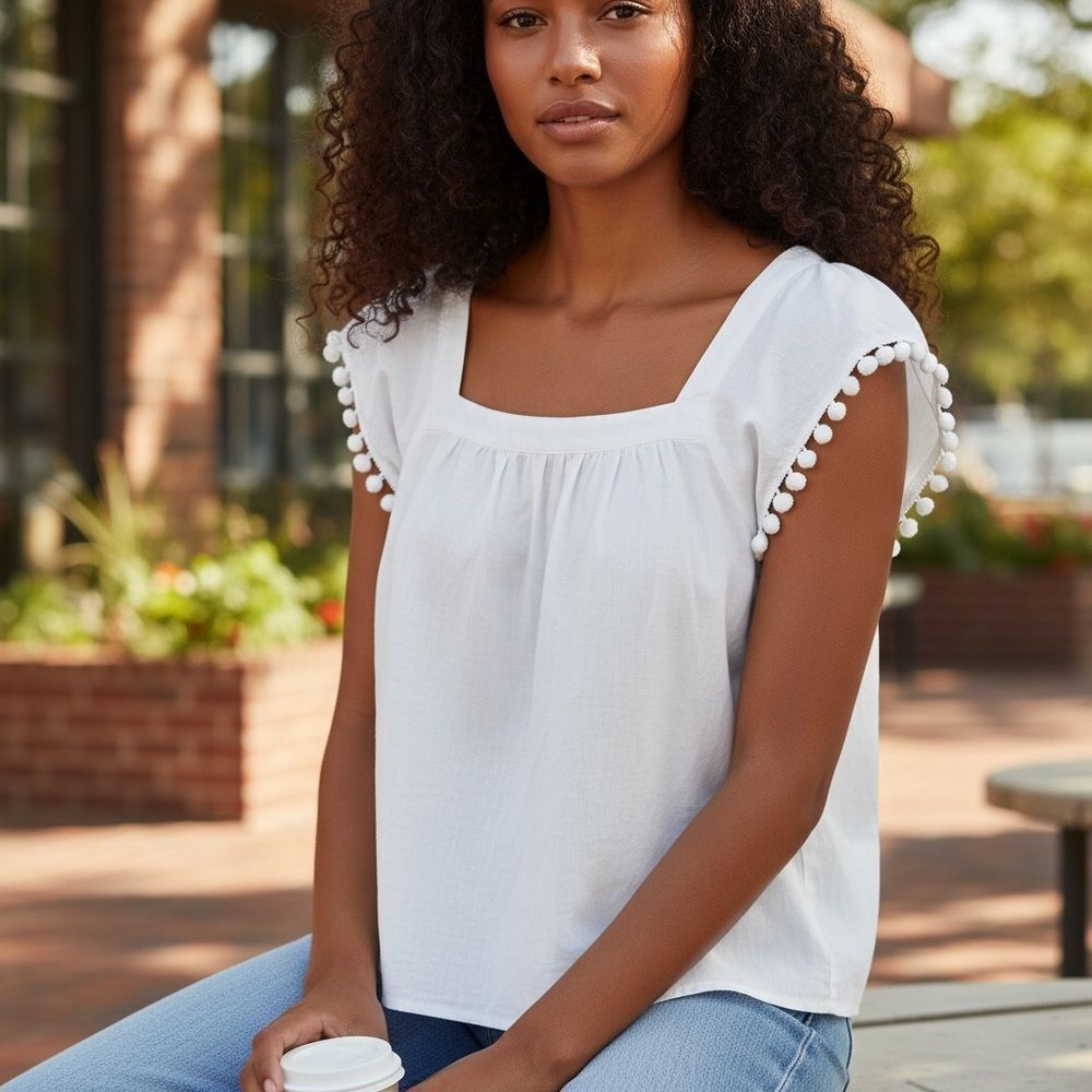 J.Crew Women's White Ruffle-Trim Square Neck Sleeveless Blouse Pom pom 0